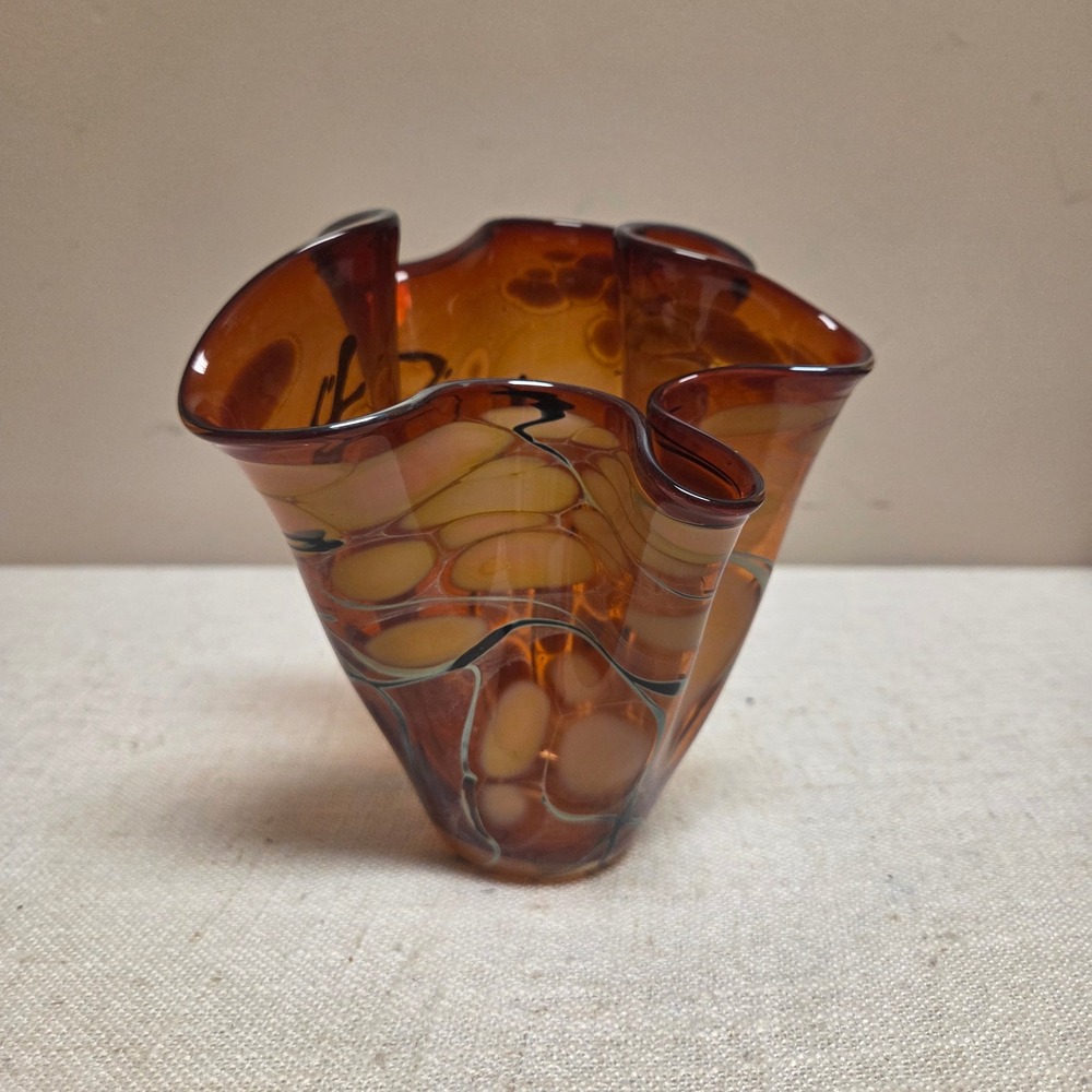 Paul Bendzunas Studio Hand Blown Art Glass Red Handkerchief Vase SIGNED